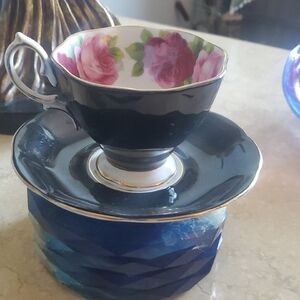 Royal Albert Black and Pink Floral Teacup and Saucer